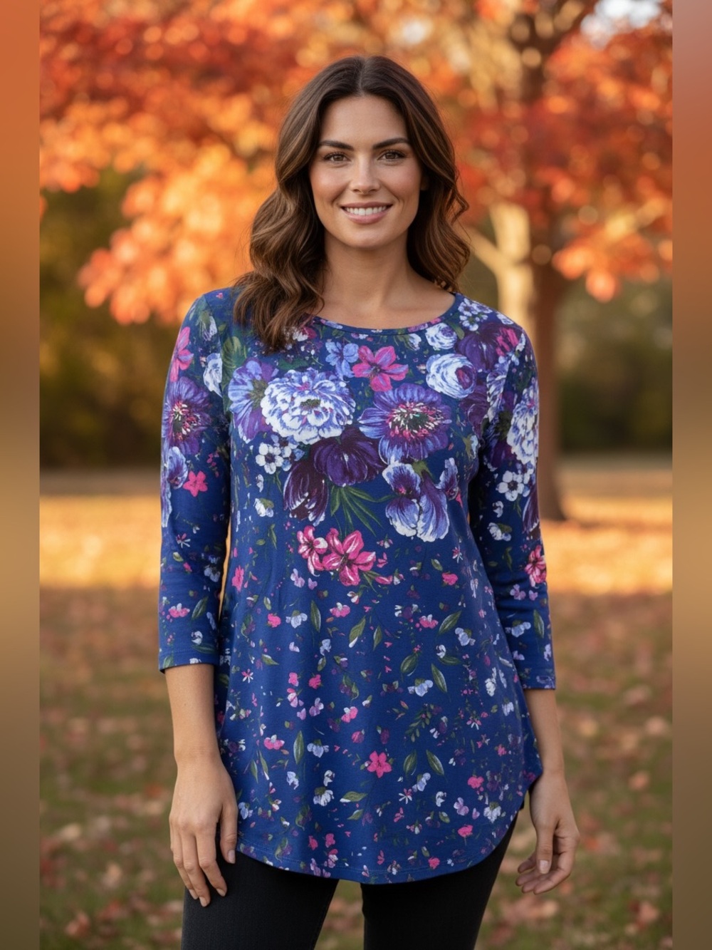 Isaac Mizrahi Navy Floral Long Sleeve Scoop Neck Top